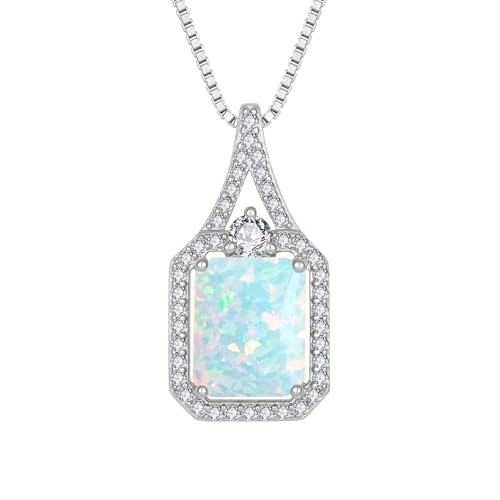 Created Gemstone Necklace 925 Sterling Silver Halo Rectangular Pendant Birthstone Necklaces Jewelry Gifts for Women - color: 10 October - White Opal