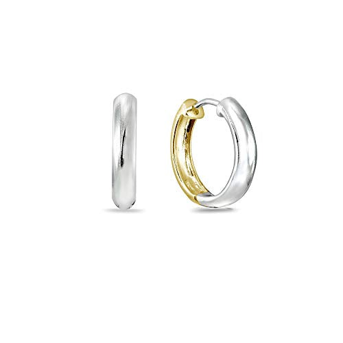Sterling Silver 16mm Oval Small Hinged Huggie Hoop Earrings, Choose an Option - color: 3x16mm - 2-Tone Yellow