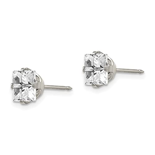 Stainless Steel 7mm Faceted Square Cubic Zirconia Piercing Earrings | Length- 0.28 in Width-0.28 in