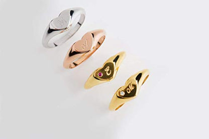 Women Heart-shaped ring in solid Gold 9k, 14k, & 18k, Heart Signet for pinky finger, Initial engraved chevalier ring, Unique love gift, RN310