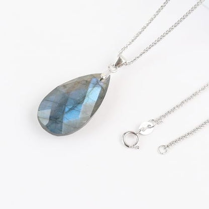 iSTONE 925 Sterling Silver Natural Crytral for Womens Pendant Necklace, Gemstone Birthstone with 17.8" Silver Chain Ladies - color: Labradorite- faceted