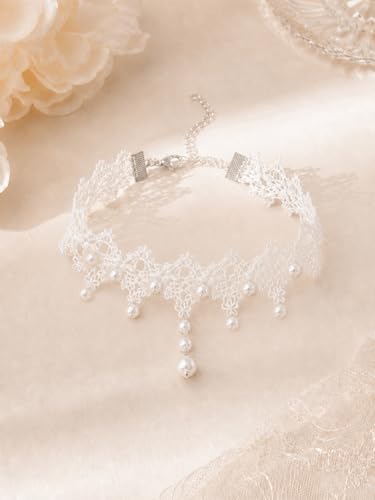 Lace Choker Necklace for Women Tassel Pendant Choker Necklaces Elegant Boho Collar Necklaces Statement Artistic Chain Necklace with Pearl Halloween Party Cosplay Costume Jewelry - color: White Lace Pearl-6