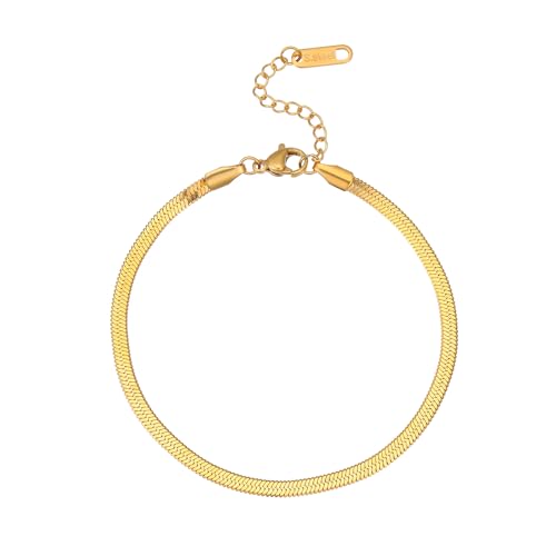 NONAMOIS Ankle Bracelets for Women Dainty 18K Gold Plated Anklet Waterproof Round Beaded Paperclip Herringbone Pearl Chain Anklets Waterproof Beach Foot Jewelry - color: 3mm Snake-Gold