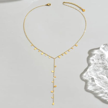 Dainty 18K Gold Plated Lariat Necklace for Women Delicate Y Chain Rose Pearl Diamond Long Drop Necklace Layering Bridal Jewelry Gift - color: Tiny Waterdrop-Gold