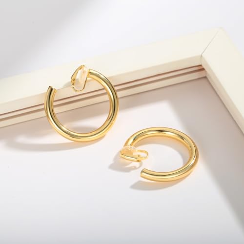 WOWORAMA Chunky Gold Hoop Clip On Earrings for Women | Large Chunky Hoops Clips Earrings, Polished Gold-Plated Clip-On Hoops, Statement Non Pierced Jewelry - color: 30mm Round Hoops