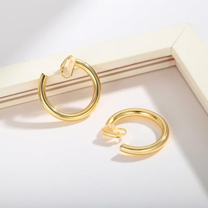 WOWORAMA Chunky Gold Hoop Clip On Earrings for Women | Large Chunky Hoops Clips Earrings, Polished Gold-Plated Clip-On Hoops, Statement Non Pierced Jewelry - color: 30mm Round Hoops