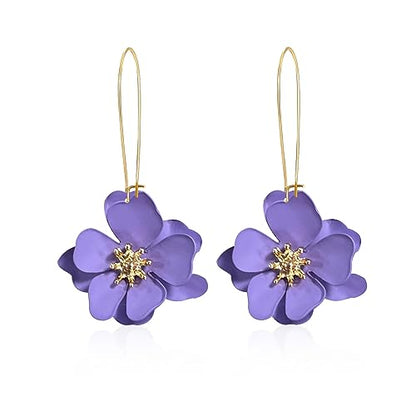 Bohemian Daisy Flower Matte Floral Long Petal Drop Dangle Earrings Layered Tiered for Women Chic Boho Wedding Jewelry - color: Violet