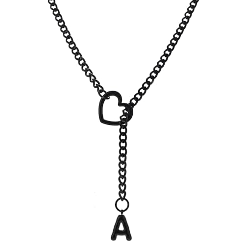 sroyte Black Heart Slip Chain Initial Necklaces for Women,Stainless Steel O-Ring Adjustable Lariat Heart Y-Necklace,Punk Gothic Cuban Collar Choker Necklace for women - color: Black A