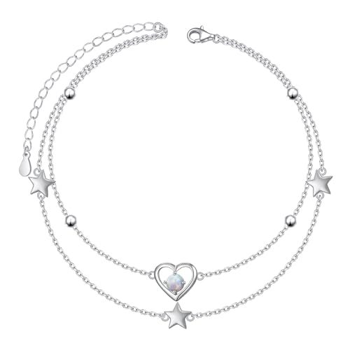 Anklets for Women 925 Sterling Silver Blue Evil Eye Infinity Butterfly Adjustable Multilayer Layered Summer Beach Ankle Bracelet Foot Chain Jewelry for Women - style: Heart Star