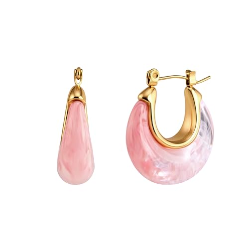 Resin Hoop Earrings for Women Gold Tone Chunky Oval Lightweight Retro Statement Earrings for Daily Wear Party Vacation Gifts - color: magenta