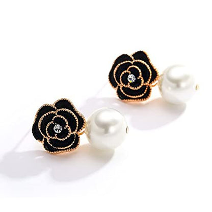 Fashion Design Faux Pearl Charm Flower Dangle Drop Earrings Studs For Women - color: Black