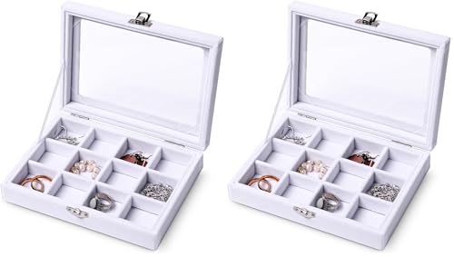 Jewelry Organizer Tray with Clear Lid 12 Grid Velvet Drawer Insert Jewelry Box with Transparent lid Jewelry Display Case Store Showcase Jewelry Box Gift for Women(White,12 Grid) (Pack of 2) - color: White, size: 12 Grid (Pack of 2)