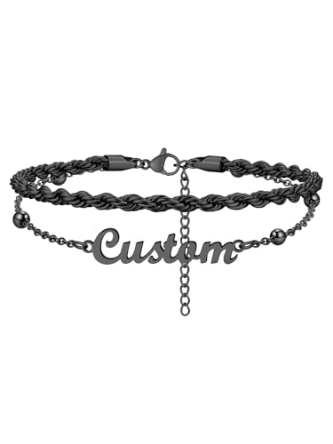Custom4U Custom Name Anklet Bracelets for Women Waterproof Beaded/Figaro/Cuban/Rope/Wheat Chain Anklet Stackable Gold Plated Non Tarnish Custom Beach Gift Barefoot Summer Jewelry for Her - color: E03-Black Rope Chain