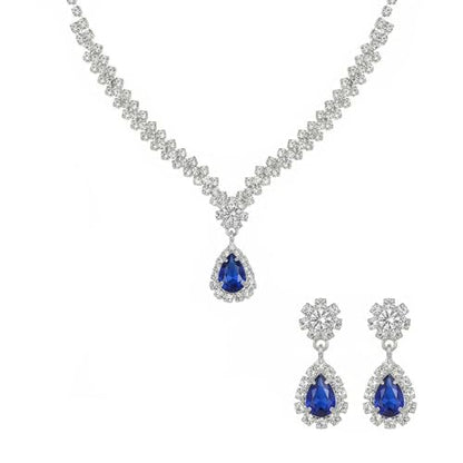 Wedding Jewelry Sets for Brides Rhinestone Necklace and Earring Set Bracelet Ring Gold Silver Prom Jewelry Sets Diamond Flower Teardrop Necklace for Women - color: Style4-Blue