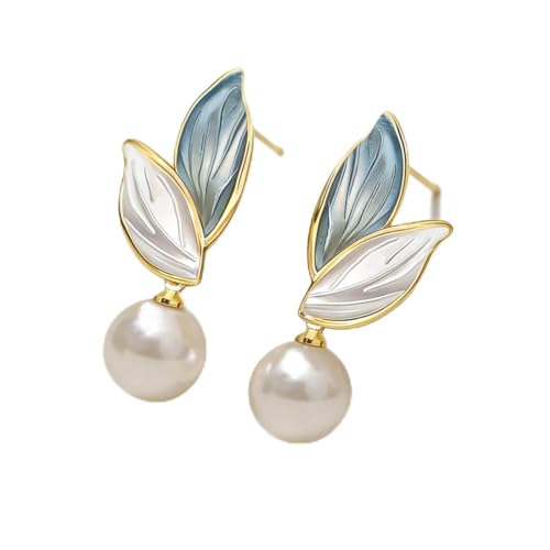 Retro Blue White Leaf Pearl Earrings for Women Light Luxury Faux Pearl Earrings Zinc Alloy Pearl Drop Earrings Casual Daily Wear Accessories for Parties