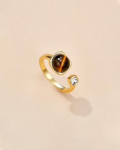SNGIA 18K Gold Plated Adjustable Open Ring for Women Natural Stone CZ Statement Ring Tiger Eye Emerald Ruby Lapis Black Onyx Turquoise Evil Eye Boho Stackable Cocktail Ring Birthday Gift Jewelry - style: Tiger Eye