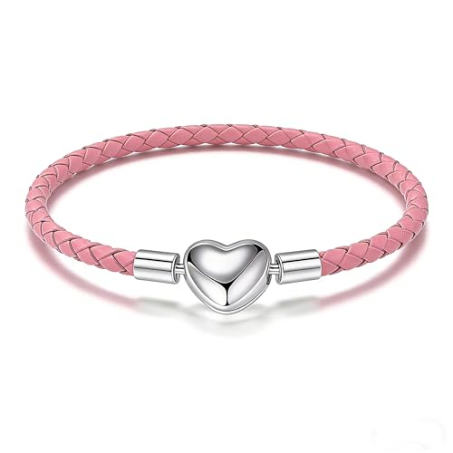 GMXLin Leather Charm Bracelet Heart Snap Clasp Clip Lock Handmade Braided Wristband Compatible with Women Pandora Charm Bead - color: Pink