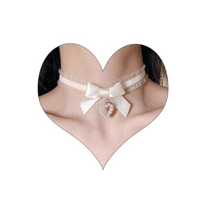 Bethynas Sexy Lace Bowknot Choker Collar Lolita Velvet Heart Pendant Tie Neck Chain Gothic Cosplay Neck Accessories for Women - color: White