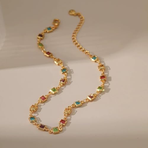 Ankle Bracelets for Women 18K Gold Plated Anklet for Women Gold Charm Anklet Waterproof Summer Beach Foot Chain Jewelry Gifts - style: square colorful cubic zirconia