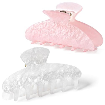 2 Pack Hair Claw Clips Women Large Tortoise Hair Clip French Design Barrettes Celluloid Leopard Print Accessories Jaw Clips for Thick Hair - color: Pearl White Shell