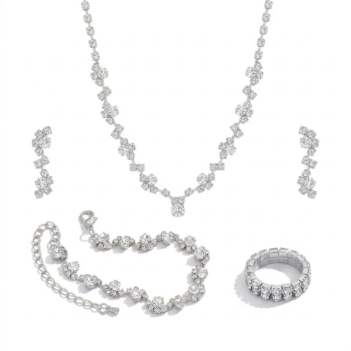Wedding Jewelry Sets for Brides Rhinestone Necklace and Earring Set Bracelet Ring Gold Silver Prom Jewelry Sets Diamond Flower Teardrop Necklace for Women - color: Style1-Silver-4pcs