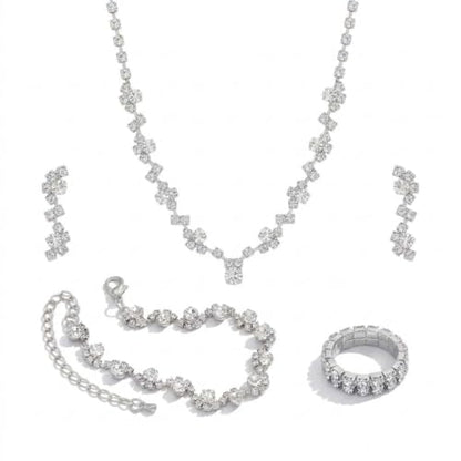 Wedding Jewelry Sets for Brides Rhinestone Necklace and Earring Set Bracelet Ring Gold Silver Prom Jewelry Sets Diamond Flower Teardrop Necklace for Women - color: Style1-Silver-4pcs