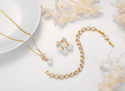 Wedding Jewelry for Bride Bridesmaid, Pearl Dangle Earrings and Pendant Necklace Set Bridal Jewelry for Promise Wedding Party - color: 2#Gold-1 Set-Necklace/Bracelet/Earrings
