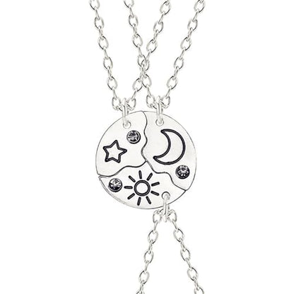 3pcs Friendship Moon Sun Star Puzzle Matching Necklace Set Gold Silver Plated Cute Crescent Round Circle Geometric Best Friend BFF Pendant Necklace for 3 Women Sisters Daughter Birthday Jewelry Gifts - color: Silver