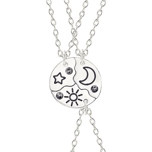 3pcs Friendship Moon Sun Star Puzzle Matching Necklace Set Gold Silver Plated Cute Crescent Round Circle Geometric Best Friend BFF Pendant Necklace for 3 Women Sisters Daughter Birthday Jewelry Gifts - color: Silver