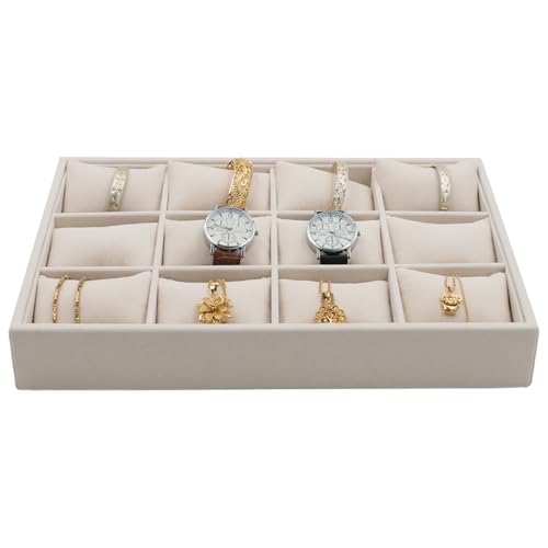Jewelry Watch Tray, Beige Velvet Watch Jewelry Organizer 12 Grid, Stackable Watch Bracelet Bangle Display Holder, Adjustable Pillows, for Man Woman Show Birthday - color: Beige
