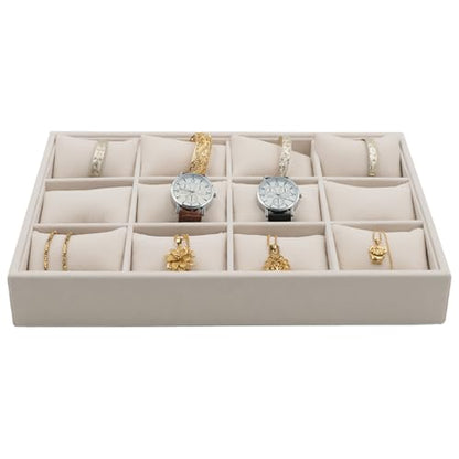 Jewelry Watch Tray, Beige Velvet Watch Jewelry Organizer 12 Grid, Stackable Watch Bracelet Bangle Display Holder, Adjustable Pillows, for Man Woman Show Birthday - color: Beige