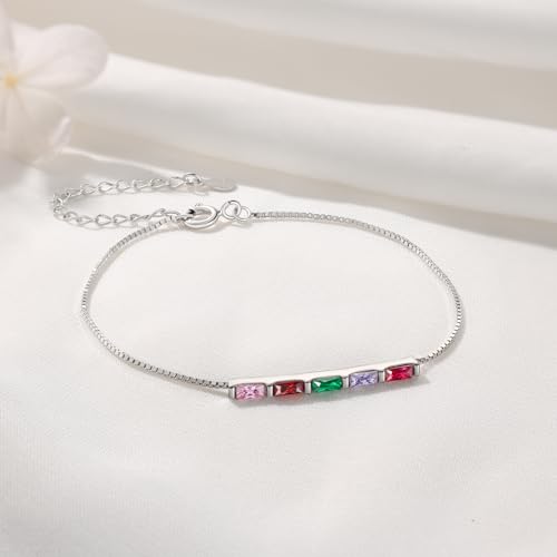 Sterling Silver Personalized 1-6 Birthstone Bracelet for Women Mothers Day Bracelet for Mom Daughter Custom Dainty Jewelry for Christmas Birthday Gift Ideas - style: Silver-5 stones