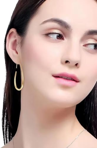 Lightweight Teardrop Hoop Earrings for Women - 14k Gold/White Gold Plated Large Oval Pull Through Hoop Earrings High Polished Statement Jewelry Gift for Women - color: Gold 50*30