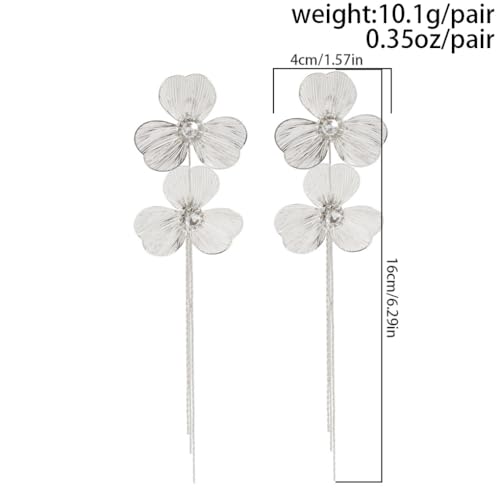 Gold Flower Tassel Dangle Earrings for Women,Boho Chunky Floral Long Fringe Statement Earring,Fashion Spring Jewelry Party Prom Accessories - color: Silver