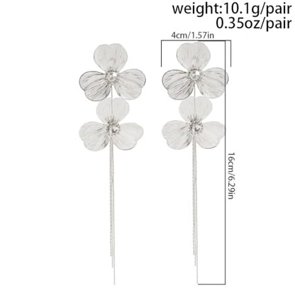 Gold Flower Tassel Dangle Earrings for Women,Boho Chunky Floral Long Fringe Statement Earring,Fashion Spring Jewelry Party Prom Accessories - color: Silver