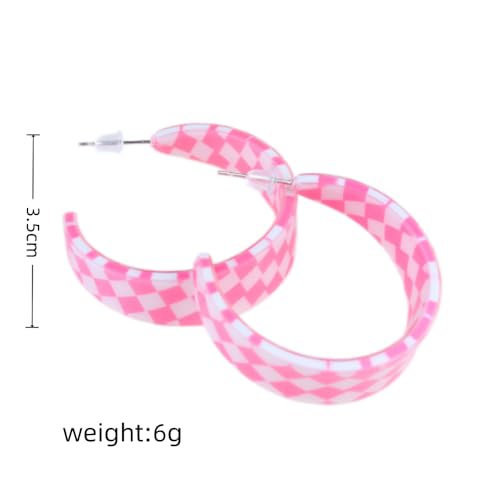 Checkerboard Hoop Earrings Lightweight 70s 80s 90s Transparent Black White Circle Acrylic Geometric Striped Checkered Dangle Drop Earrings Retro Simple Colorful C shaped Earrings for Women - color: red