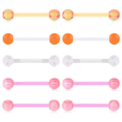 Zolure 10Pcs 14G Tongue Rings Acrylic Candy Color Tongue Piercing Jewelry Flexible Plastic Nipple Rings Tongue Barbells for Women 16mm - color: Pink+Orange 10pcs
