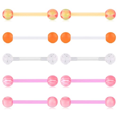 Zolure 10Pcs 14G Tongue Rings Acrylic Candy Color Tongue Piercing Jewelry Flexible Plastic Nipple Rings Tongue Barbells for Women 16mm - color: Pink+Orange 10pcs