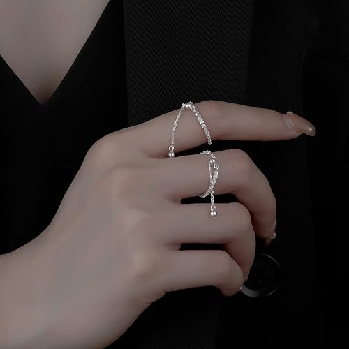 925 Sterling Silver Adjustable Link Chain Rings for Women Daughter | Dainty 14k Gold Plated Evil Eye/Cross/Flower Ring Sparkly Twist Rope with Bead Dangle Stackable Ring Jewelry Birthday Gifts - color: Silver