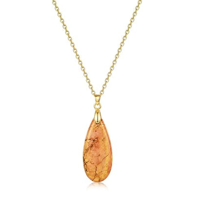 Joya Love 14K Gold Plated Healing Stone Teardrop Pendant Necklace for Women, Waterproof Stainless Steel Chain, Colorful Natural Stone Look, Boho Spiritual Jewelry Gift - color: Orange -Gold