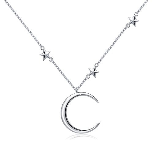 Ladytree 925 Sterling Silver Jewelry Crescent Moon and Star Pendant Necklace - style: Three Stars