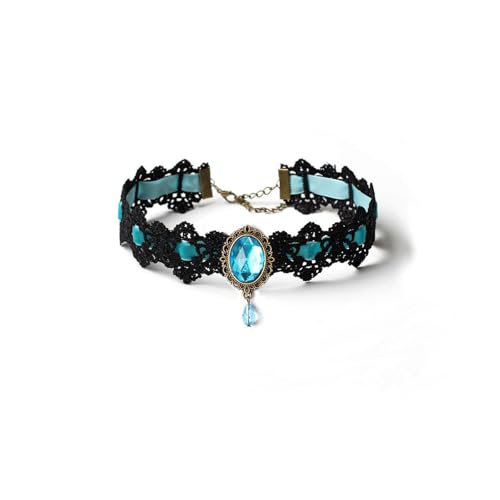 Gothic Lace Choker Vampire Necklace for Women,Black Lace Red Crystal Pendant Necklaces for Halloween,Goth Black Necklace Jewelry Witch Costume Vampire Accessories - style: Style Lake Blue