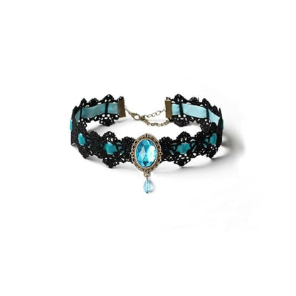 Gothic Lace Choker Vampire Necklace for Women,Black Lace Red Crystal Pendant Necklaces for Halloween,Goth Black Necklace Jewelry Witch Costume Vampire Accessories - style: Style Lake Blue