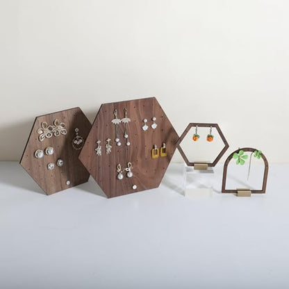 Hexagonal Earring Organizer stand, Walnut Plywood Jewelry Display Board for Hanging earring studs, Perfect for Storing and Showcasing Your Jewelry Collection【Set of Two Size】