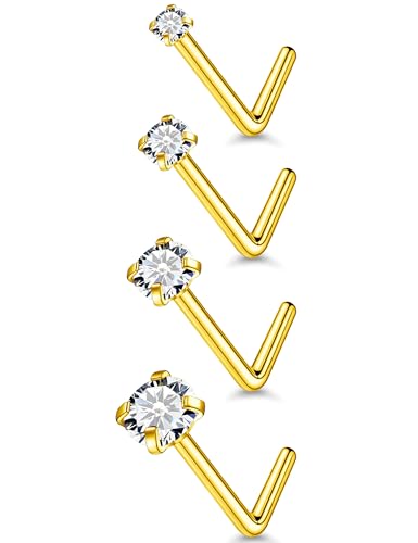 18G 20G 14K Gold Filled Nose Rings Studs Piercing Jewelry For Women Men 316L Surgical Steel Round Square Cubic Zirconia Nose Rings Studs Nostrial Piercing Jewelry CZ 1.5mm 2mm 2.5mm 3mm - color: 14K Gold Plated, size: 20 Gauge-L Shaped-Round CZ