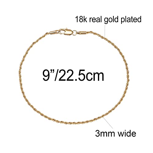 kelistom 18K Gold/White Gold Plated Rope Chain Anklet, 3mm Stainless Steel Ankle Bracelets for Women and Men, 9 10 11 inches - color: 18K GOLD