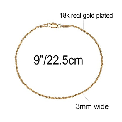 kelistom 18K Gold/White Gold Plated Rope Chain Anklet, 3mm Stainless Steel Ankle Bracelets for Women and Men, 9 10 11 inches - color: 18K GOLD