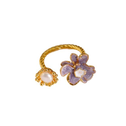 Kokoma Flower Pearl Statement Ring for Women Trendy Enamel Purple Floral Pearls Wrap Adjustable Open Band Rings Engagement Promsie Bands Jewelry