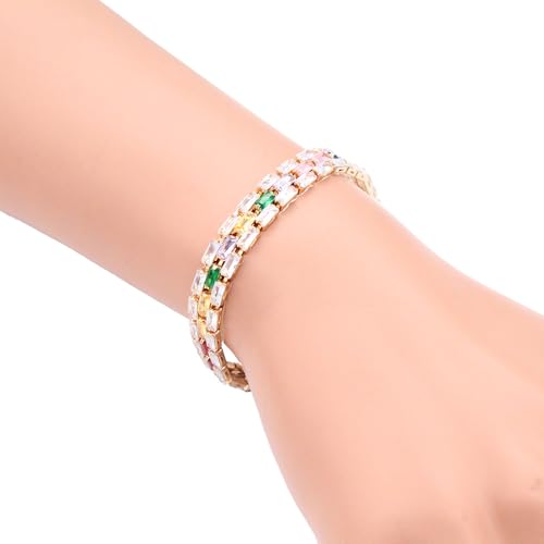 Tennis Bracelet, 13mm Width, Black Cubic Zirconia, Gold Plated Brass, 7 Inch Length, 11 Grams - color: Gold Multi-Color