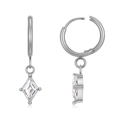 Surgical Steel Hoop Earrings for Women - Hypoallergenic Small Cartilage Huggies with Cubic Zirconia Dangle - color: Clear CZ-Stainless Steel
